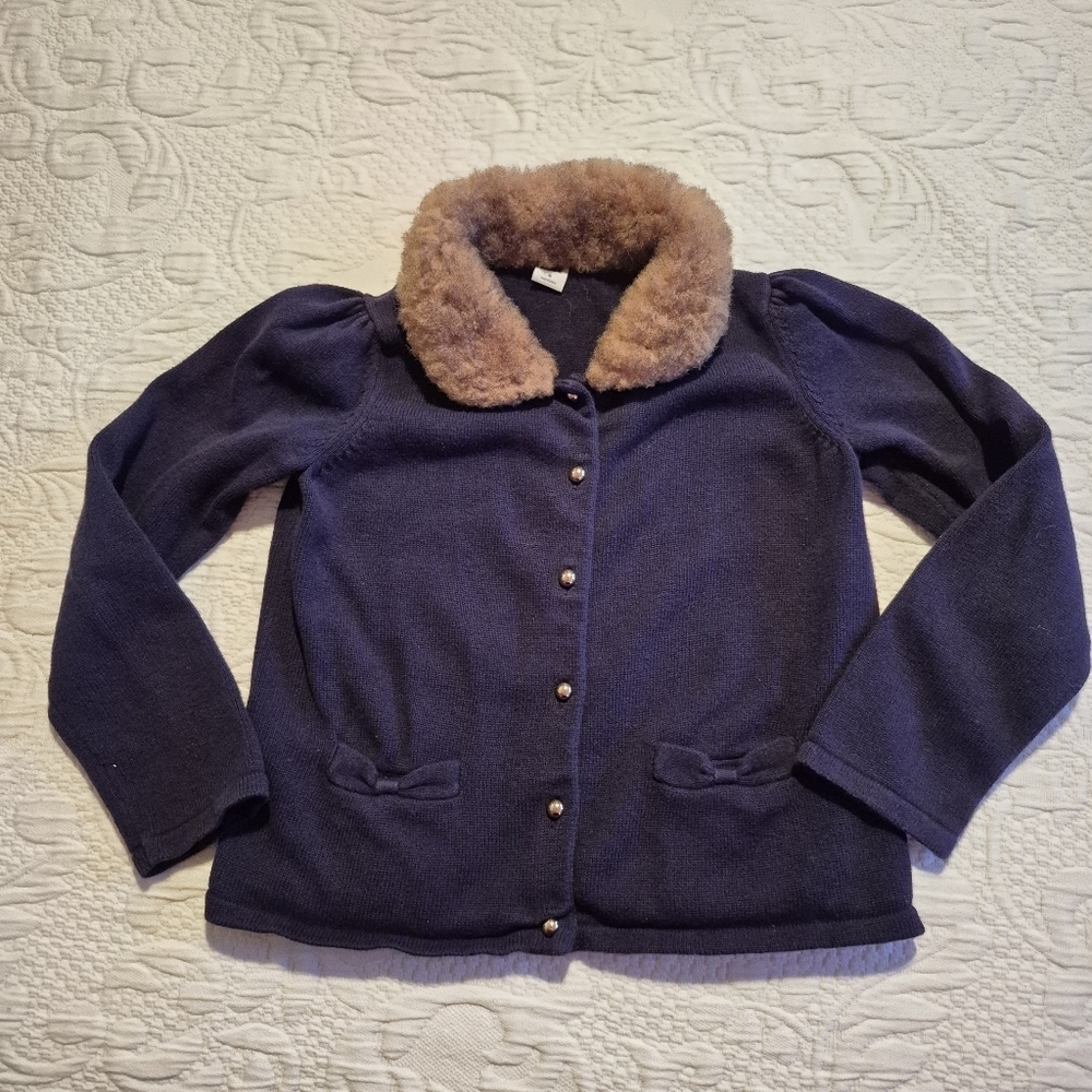 Janie and Jack girls size 6 fuzzy collar button up cardigan minor fade VGUC